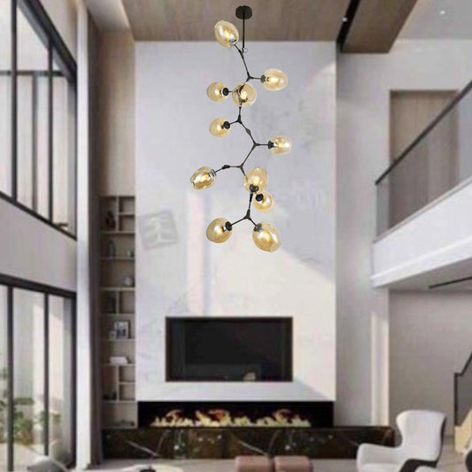 11-Light Amber Glass Black Double Height Long Chandelier - Elegant Warm White Lighting Fixture