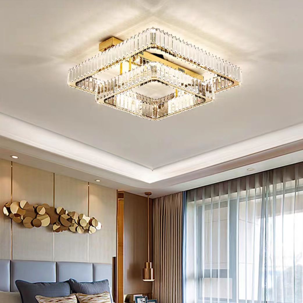 Modern Luxury Multi-Layer Square Crystal Flush Mount Pendant Chandelier for Living Room and Bedroom Decor