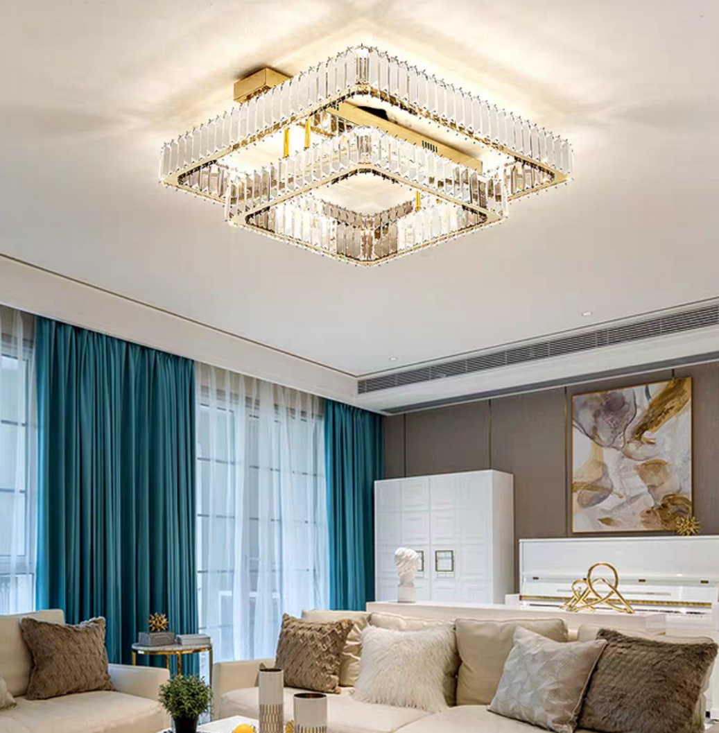 Modern Luxury Multi-Layer Square Crystal Flush Mount Pendant Chandelier for Living Room and Bedroom Decor