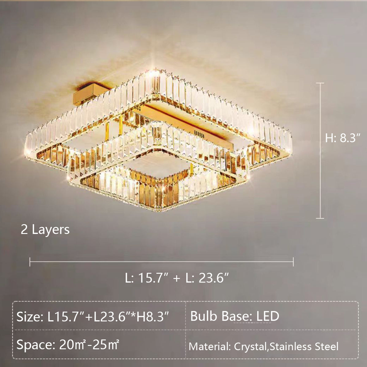 Modern Luxury Multi-Layer Square Crystal Flush Mount Pendant Chandelier for Living Room and Bedroom Decor