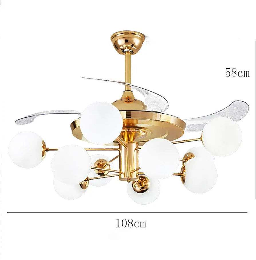 Glass Ceiling Fan Chandelier - LED Sputnik Hanging Light with Metal Magic Bean Pendant, 10 Lights for Restaurant, Living Room, and Bedroom Decor - Gold Finish