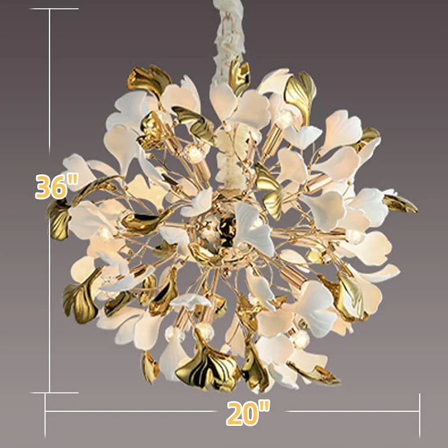 Norse Branch Art Deco Chandelier – 20-Inch Gold & White Ceramic Ginkgo Leaf Brass Lighting for Bedrooms, Dining Rooms, and Hotels