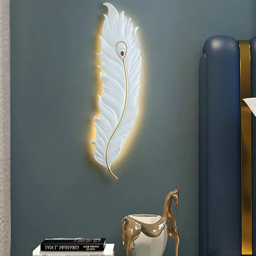 Krishna Ji Feather Wall Lamp - Elegant White Wall Lighting, 21W Dimmable LED Sconce with 3000K-6000K for Bedroom, Living Room, and Hallway Decor