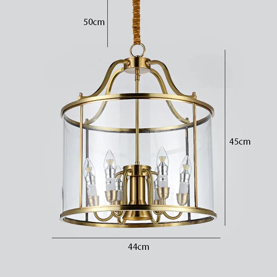 Modern 6-Light Brass Drum Chandelier with Clear Glass Shades - Elegant Round Pendant Light for Dining Room, Kitchen, and Bedroom Décor (Dia-42cm)