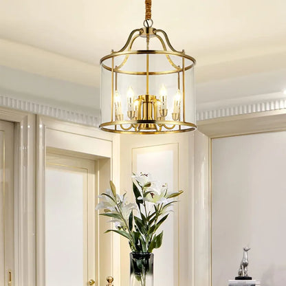 Modern 6-Light Brass Drum Chandelier with Clear Glass Shades - Elegant Round Pendant Light for Dining Room, Kitchen, and Bedroom Décor (Dia-42cm)