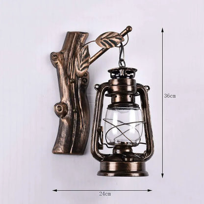 Tree Branch Wall Mounted Light - Retro Nostalgia Lantern Sconce in Antique Iron and Glass for Aisle, Corridor, and Stairwell Lighting