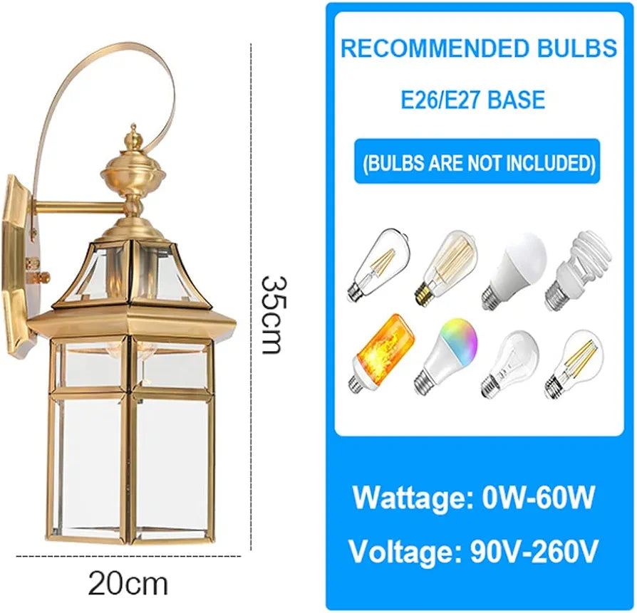 Waterproof Copper Outdoor Wall Lantern with Clear Glass - Decorative Wall-Mounted Light for Porch, Door, and Garage