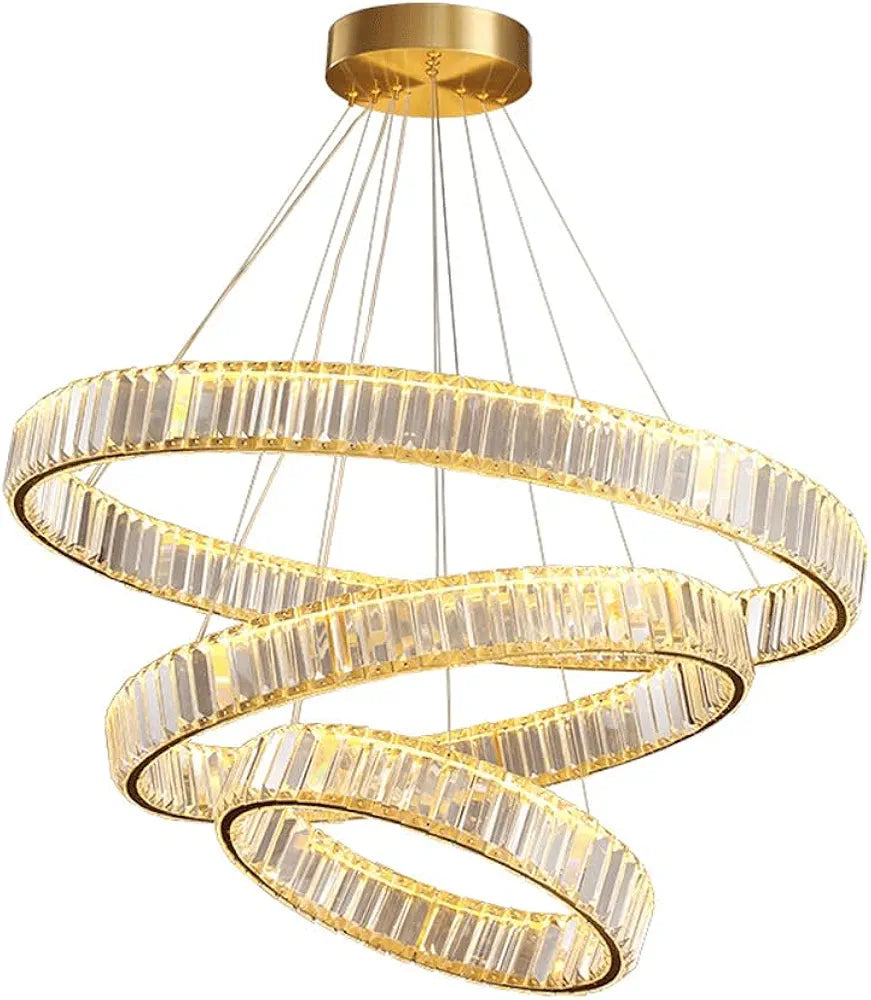 Copper Living Room Pendant Light - Creative Circle LED Crystal Hanging Lamp, Light Luxury Endless Dimming Ring Chandelier for Bedroom and Dining Room Decor