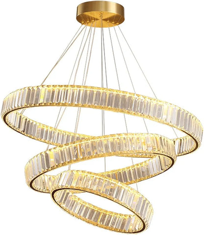 Copper Living Room Pendant Light - Creative Circle LED Crystal Hanging Lamp, Light Luxury Endless Dimming Ring Chandelier for Bedroom and Dining Room Decor