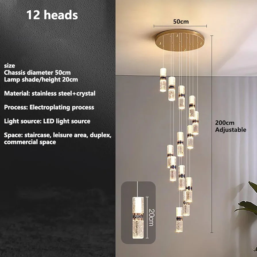 Bamboo Crystal Staircase Lamp - 12-Head Long Rotating Chandelier for Duplex & Villa Living Room - Modern Luxury Loft Apartment Lighting