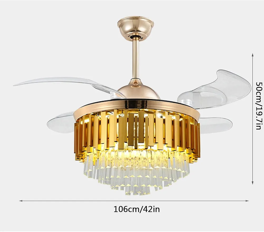 Invisible Retractable Blades Chandelier Ceiling Fan - 3 Color Settings, 6-Speed with Remote Control for Bedroom, Living Room, Hotel, and Dining Room Decor