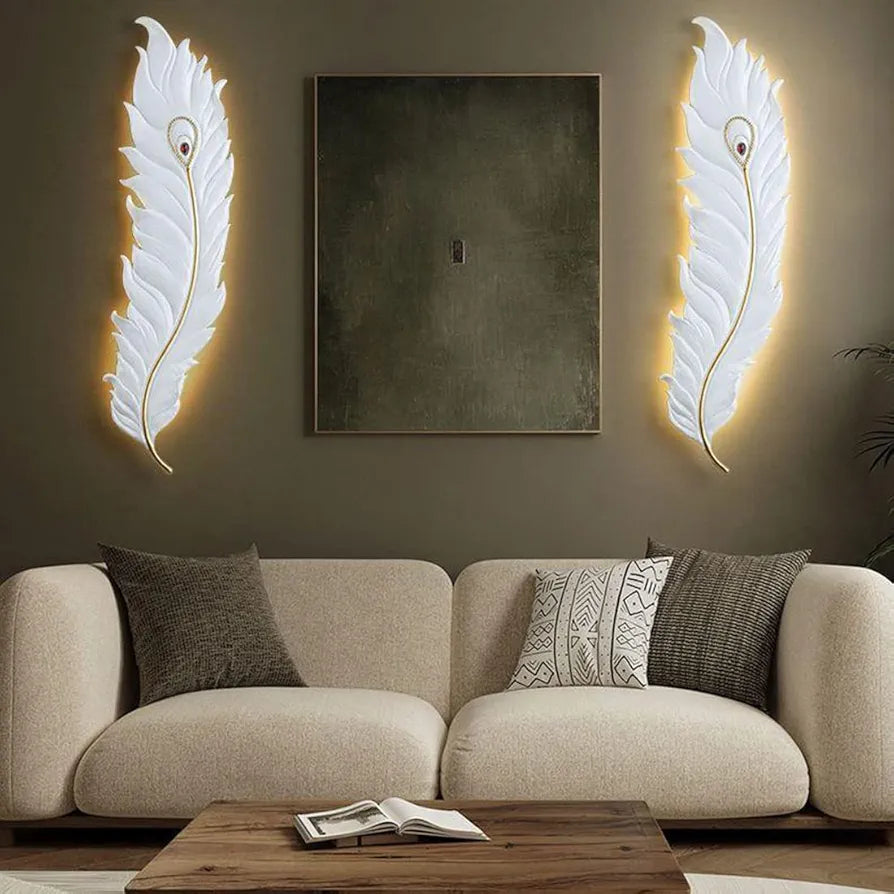 Krishna Ji Feather Wall Lamp - Elegant White Wall Lighting, 21W Dimmable LED Sconce with 3000K-6000K for Bedroom, Living Room, and Hallway Decor