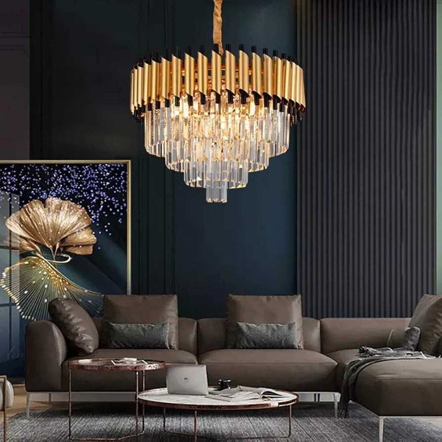 Modern Decorative Black and Gold Crystal Chandelier – Elegant Ceiling Lamp for Living Rooms & Restaurants