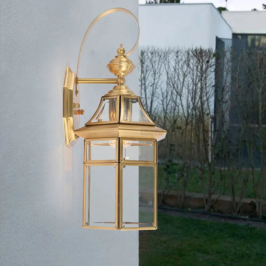 Waterproof Copper Outdoor Wall Lantern with Clear Glass - Decorative Wall-Mounted Light for Porch, Door, and Garage