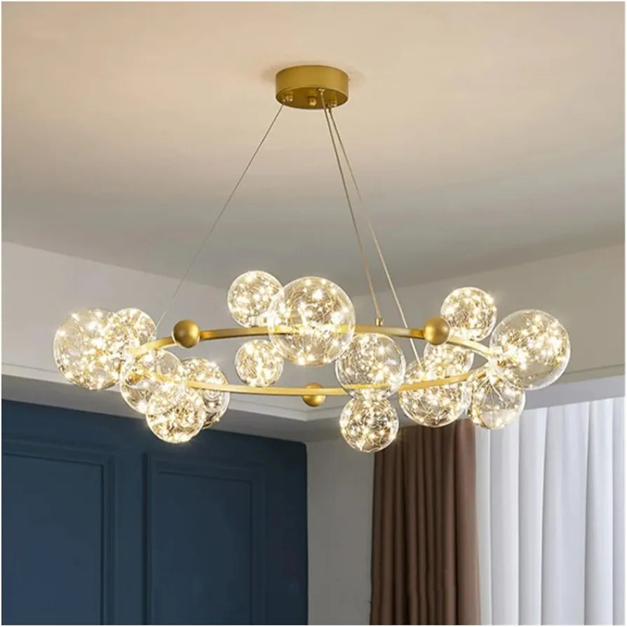 Starry Sky LED Ceiling Chandelier - Dimmable Glass Ball Pendant Light for Dining, Living Room, and Bedroom Decor, Luxury Home Lighting Fixture