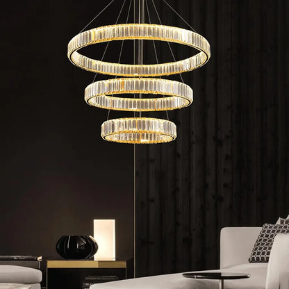 Copper Living Room Pendant Light - Creative Circle LED Crystal Hanging Lamp, Light Luxury Endless Dimming Ring Chandelier for Bedroom and Dining Room Decor