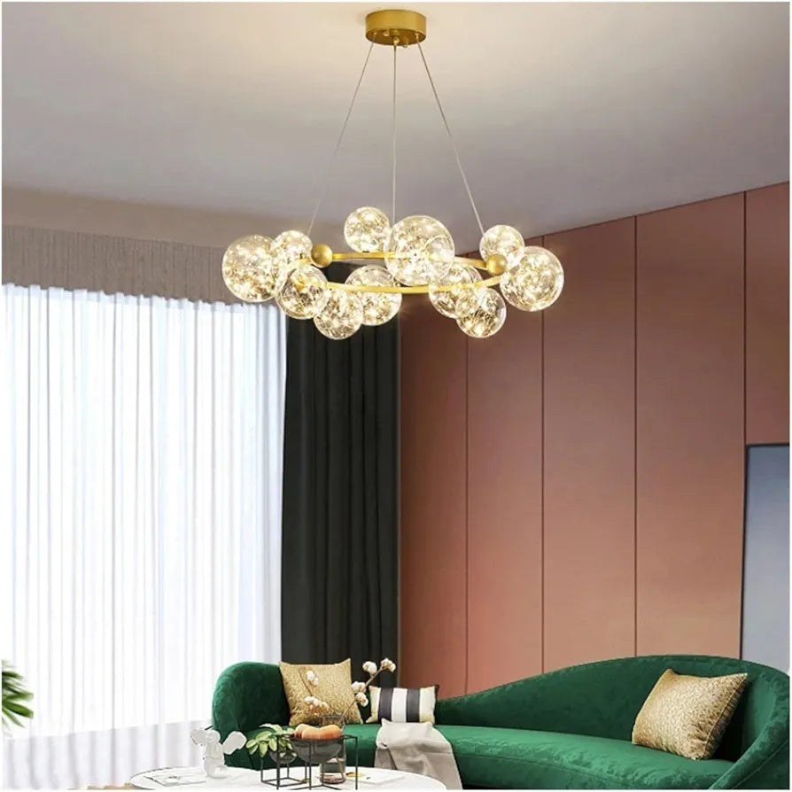 Starry Sky LED Ceiling Chandelier - Dimmable Glass Ball Pendant Light for Dining, Living Room, and Bedroom Decor, Luxury Home Lighting Fixture