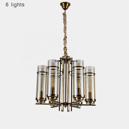 6-Light Gold Electroplated Metal Chandelier with Amber Glass Bulbs – Warm White Ceiling Light