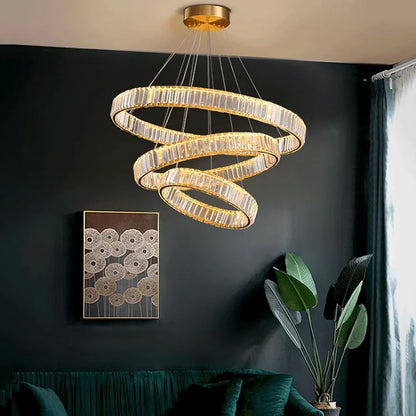 Copper Living Room Pendant Light - Creative Circle LED Crystal Hanging Lamp, Light Luxury Endless Dimming Ring Chandelier for Bedroom and Dining Room Decor