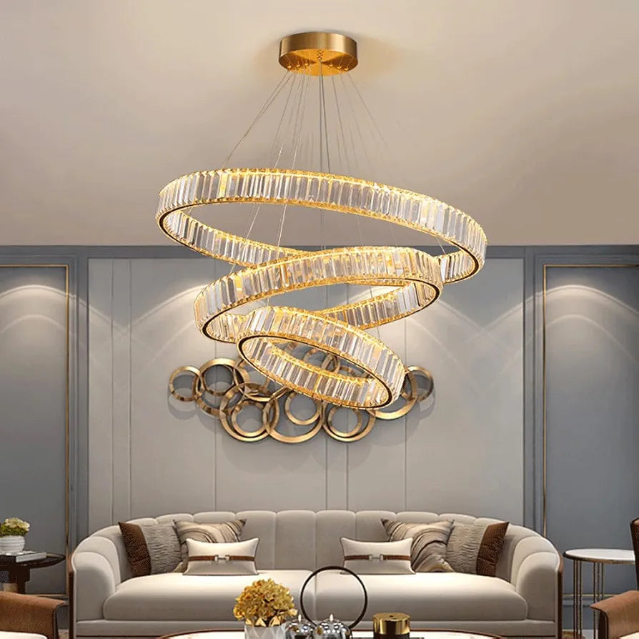 Copper Living Room Pendant Light - Creative Circle LED Crystal Hanging Lamp, Light Luxury Endless Dimming Ring Chandelier for Bedroom and Dining Room Decor