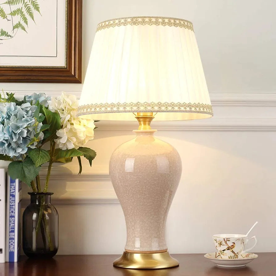 Light Pink Ceramic Table Lamp - Restaurant Bedroom Table Lamp Pleated Lampshade/Ice Cracked Lamp Body Table Lamp Large Stable Lighting Device