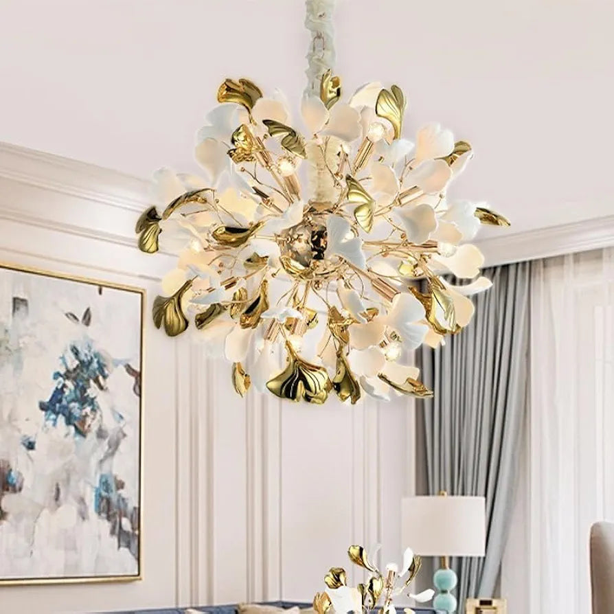 Norse Branch Art Deco Chandelier – 20-Inch Gold & White Ceramic Ginkgo Leaf Brass Lighting for Bedrooms, Dining Rooms, and Hotels