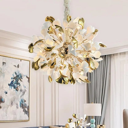 Norse Branch Art Deco Chandelier – 20-Inch Gold & White Ceramic Ginkgo Leaf Brass Lighting for Bedrooms, Dining Rooms, and Hotels