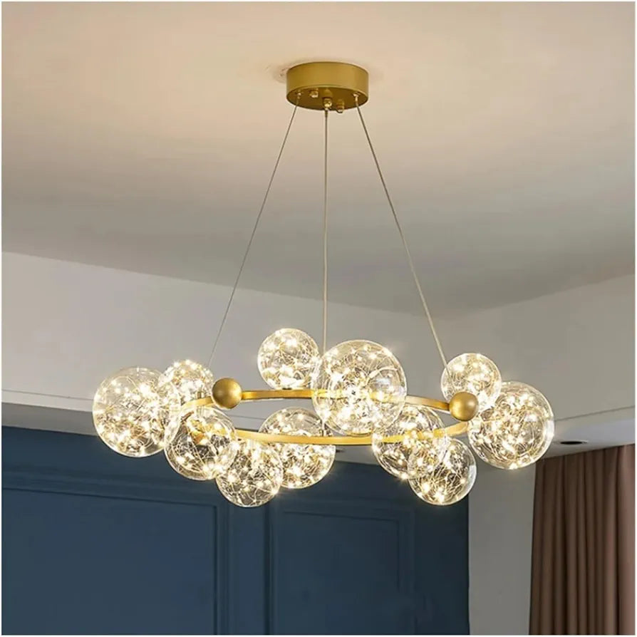 Starry Sky LED Ceiling Chandelier - Dimmable Glass Ball Pendant Light for Dining, Living Room, and Bedroom Decor, Luxury Home Lighting Fixture