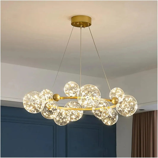 Starry Sky LED Ceiling Chandelier - Dimmable Glass Ball Pendant Light for Dining, Living Room, and Bedroom Decor, Luxury Home Lighting Fixture