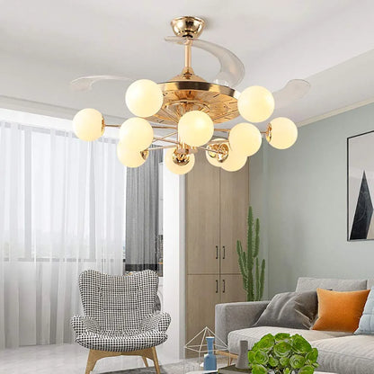 Glass Ceiling Fan Chandelier - LED Sputnik Hanging Light with Metal Magic Bean Pendant, 10 Lights for Restaurant, Living Room, and Bedroom Decor - Gold Finish