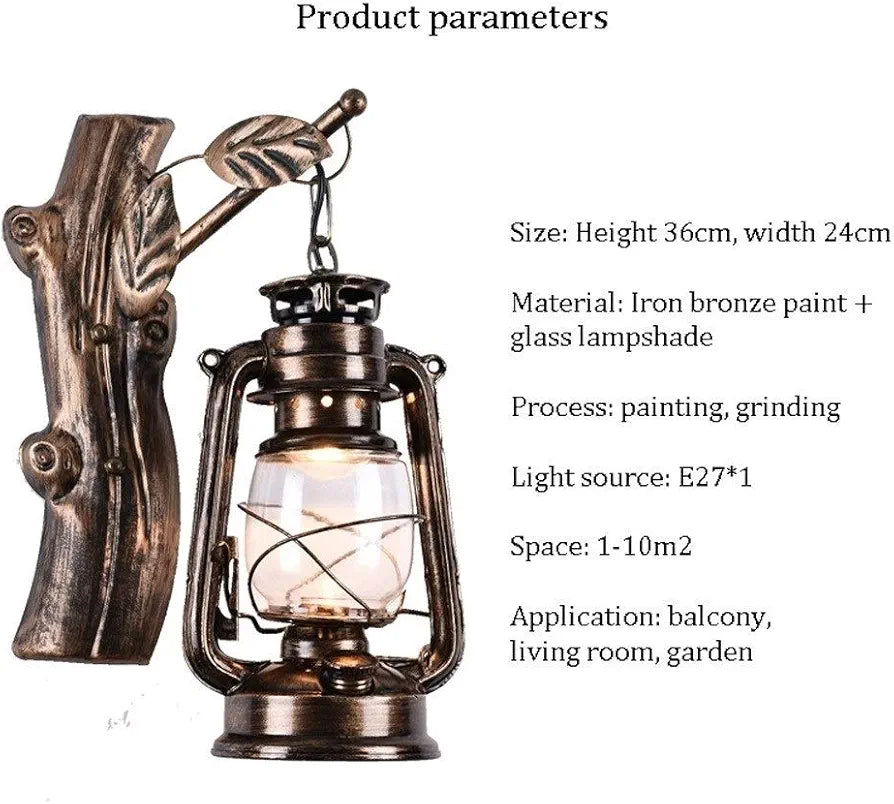 Tree Branch Wall Mounted Light - Retro Nostalgia Lantern Sconce in Antique Iron and Glass for Aisle, Corridor, and Stairwell Lighting