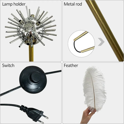 Tall Feather Floor Lamp - 62.9in White Standing Lamp with Foot Switch, 6*G4 Bulbs for Living Room Decor