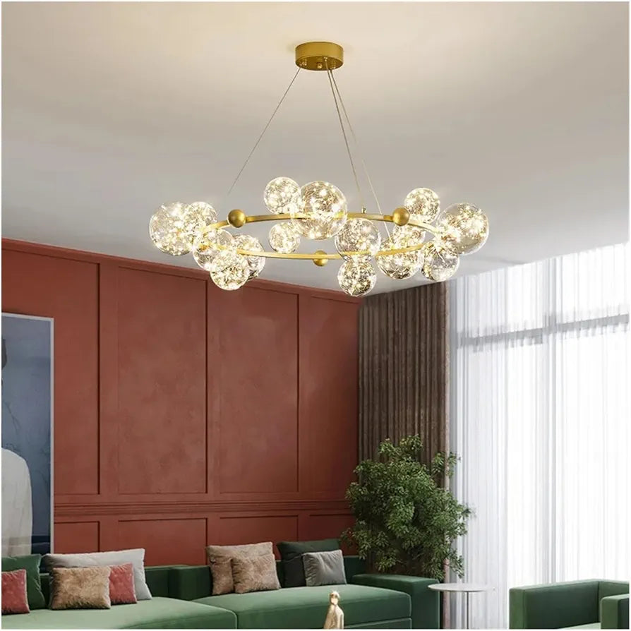 Starry Sky LED Ceiling Chandelier - Dimmable Glass Ball Pendant Light for Dining, Living Room, and Bedroom Decor, Luxury Home Lighting Fixture