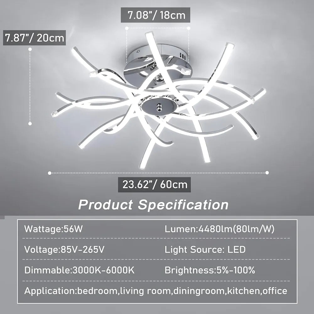 Dimmable LED Ceiling Light - Modern Curved Design with Remote Control, 98W Ceiling Lamp with 8 Built-in LED Boards for Living Room, Bedroom, Hallway, and Office (60cm, Silver)