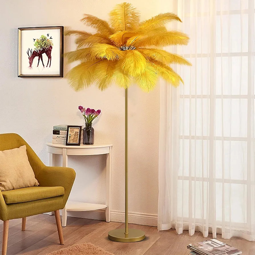 Tall Feather Floor Lamp - 62.9in Camel Standing Lamp with Foot Switch, 6*G4 Bulbs for Living Room Decor