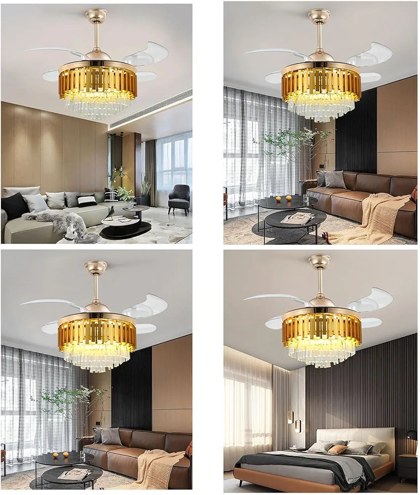 Invisible Retractable Blades Chandelier Ceiling Fan - 3 Color Settings, 6-Speed with Remote Control for Bedroom, Living Room, Hotel, and Dining Room Decor