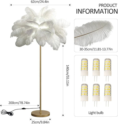 Tall Feather Floor Lamp - 62.9in White Standing Lamp with Foot Switch, 6*G4 Bulbs for Living Room Decor