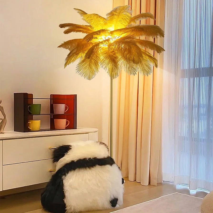 Tall Feather Floor Lamp - 62.9in Camel Standing Lamp with Foot Switch, 6*G4 Bulbs for Living Room Decor