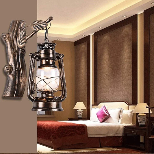 Tree Branch Wall Mounted Light - Retro Nostalgia Lantern Sconce in Antique Iron and Glass for Aisle, Corridor, and Stairwell Lighting