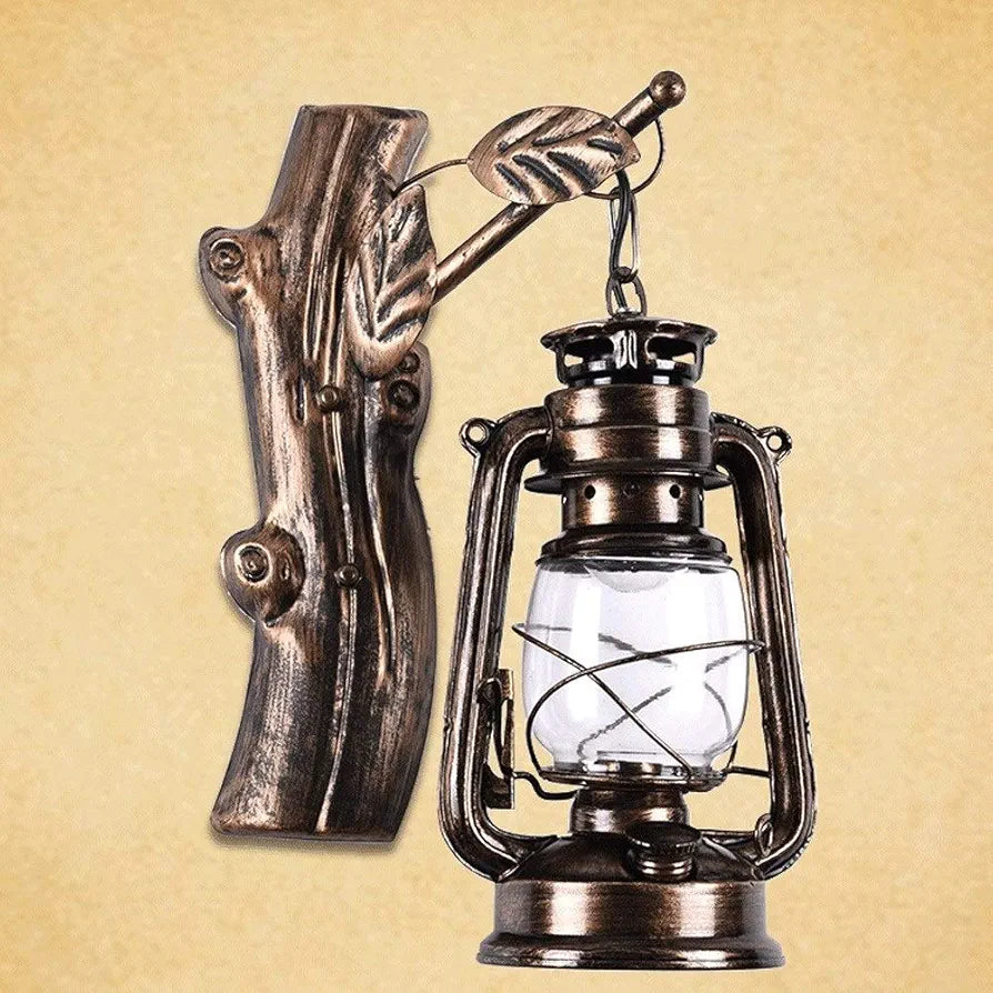 Tree Branch Wall Mounted Light - Retro Nostalgia Lantern Sconce in Antique Iron and Glass for Aisle, Corridor, and Stairwell Lighting