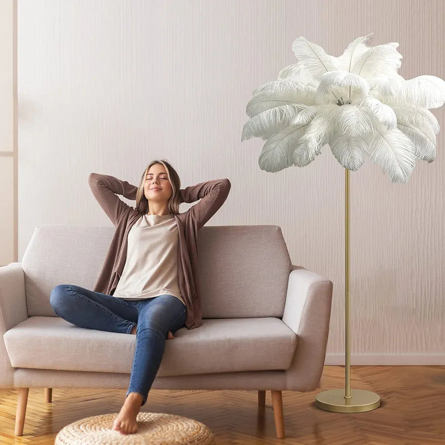 Tall Feather Floor Lamp - 62.9in White Standing Lamp with Foot Switch, 6*G4 Bulbs for Living Room Decor