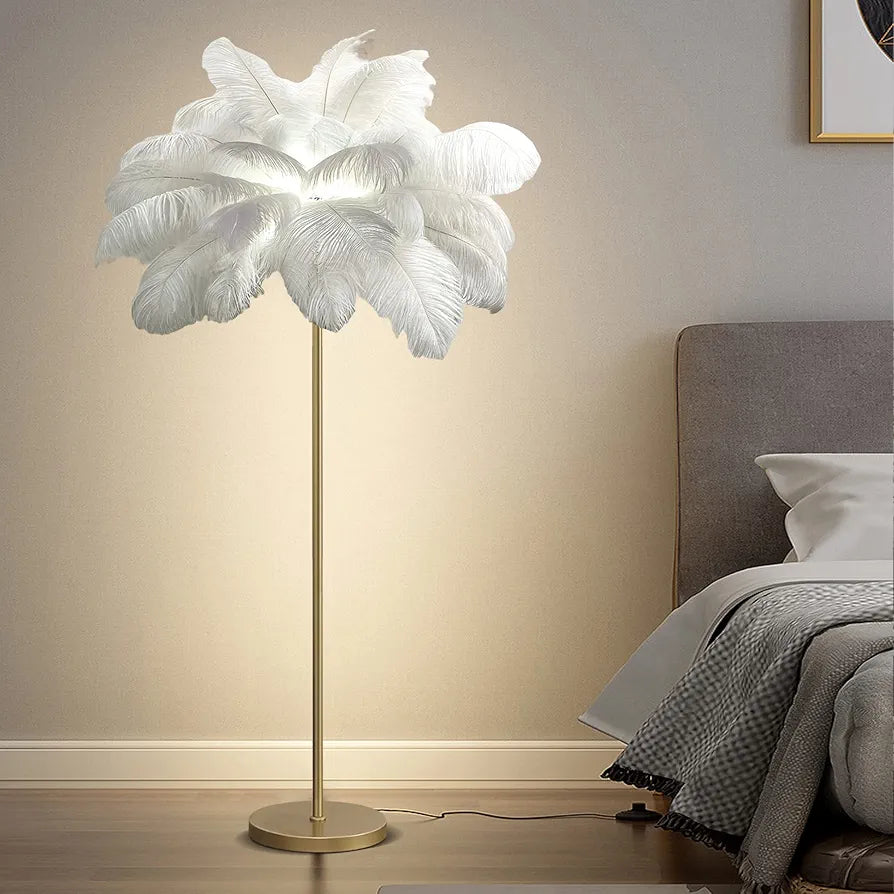 Tall Feather Floor Lamp - 62.9in White Standing Lamp with Foot Switch, 6*G4 Bulbs for Living Room Decor