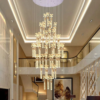 Luxury Flower Crystal Spiral Staircase Chandelier with 49 Glass Rods & Sparkling Gold Finish for Duplex Ceiling Lighting