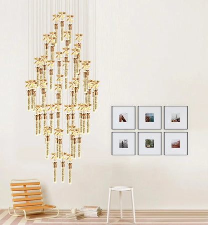 Luxury Flower Crystal Spiral Staircase Chandelier with 49 Glass Rods & Sparkling Gold Finish for Duplex Ceiling Lighting