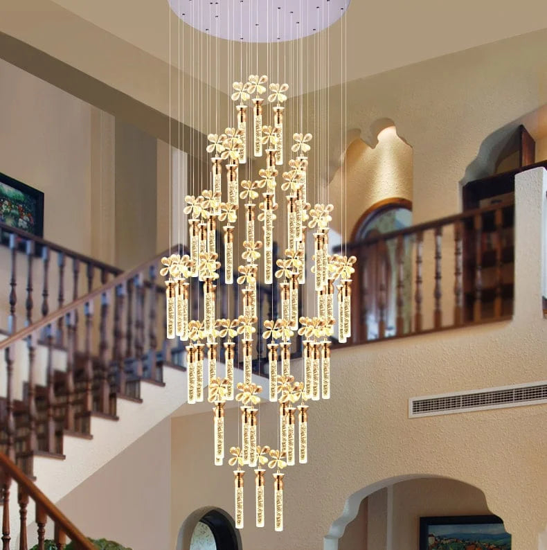 Luxury Flower Crystal Spiral Staircase Chandelier with 49 Glass Rods & Sparkling Gold Finish for Duplex Ceiling Lighting