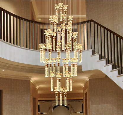 Luxury Flower Crystal Spiral Staircase Chandelier with 49 Glass Rods & Sparkling Gold Finish for Duplex Ceiling Lighting