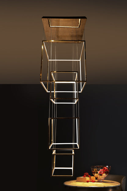 5-Light Cube French Gold LED Double Height Stair Chandelier in Warm White - Elegant Staircase Lighting