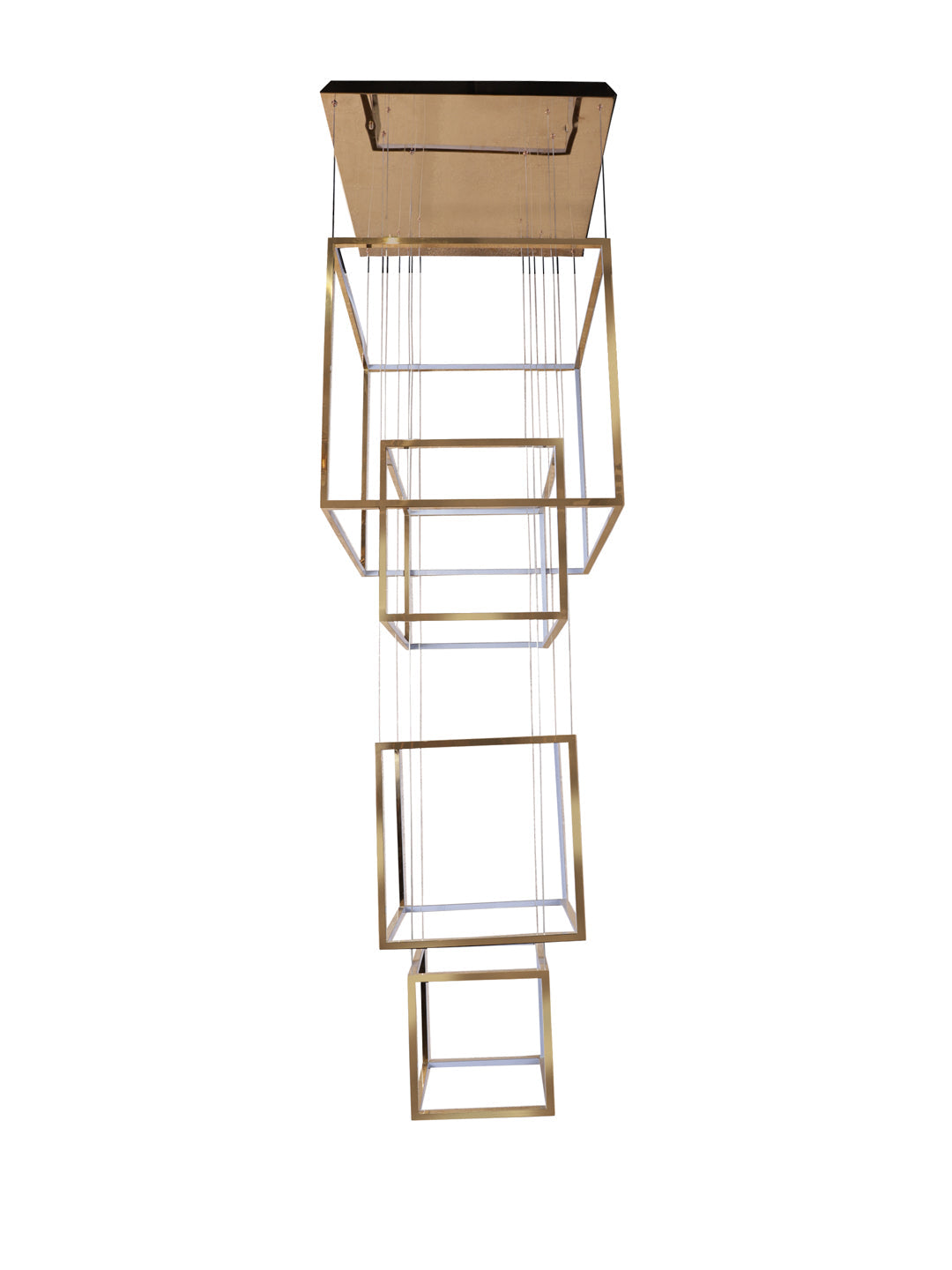 5-Light Cube French Gold LED Double Height Stair Chandelier in Warm White - Elegant Staircase Lighting