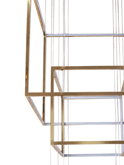 5-Light Cube French Gold LED Double Height Stair Chandelier in Warm White - Elegant Staircase Lighting