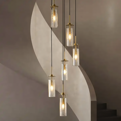 6-Light Brass Gold Crackle Glass Double Height Stair Chandelier - Stunning Ceiling Fixture for Grand Entrances